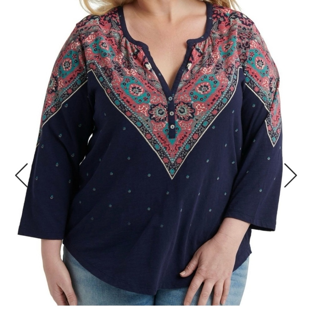 Lucky Brand Bandana Print Henley Top 100% Cotton Navy & Red Womens Plus Size 3X